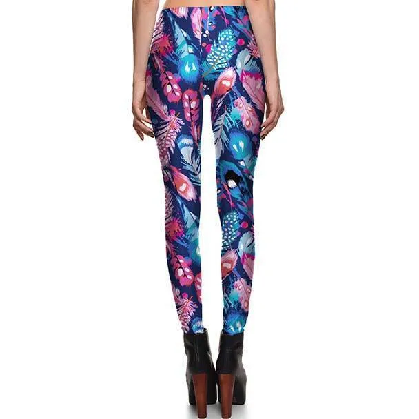 Abstract Feather Digital Print Legging Pants in Pink Blue and Purple