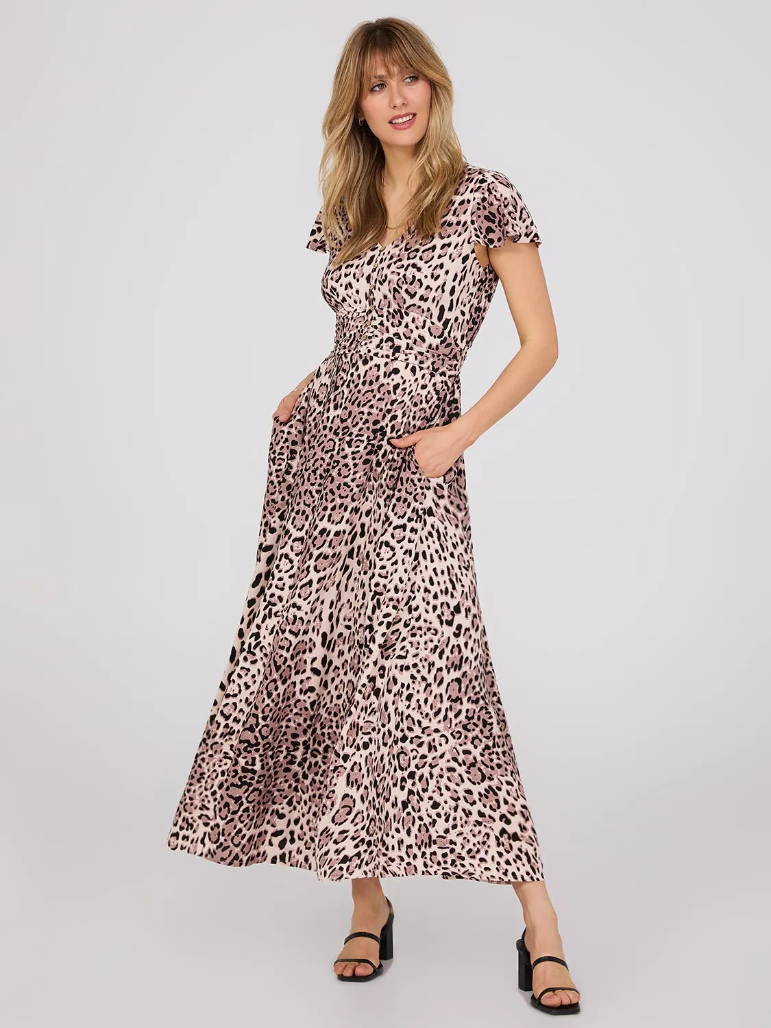 Animal Print Flutter Sleeve Maxi Dress