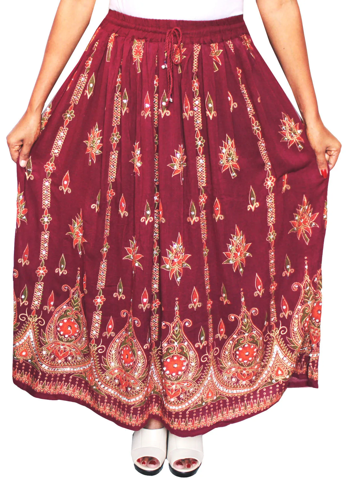 Ankle Length Womens Long Indian Skirts Sequins Rayon India (Maroon)