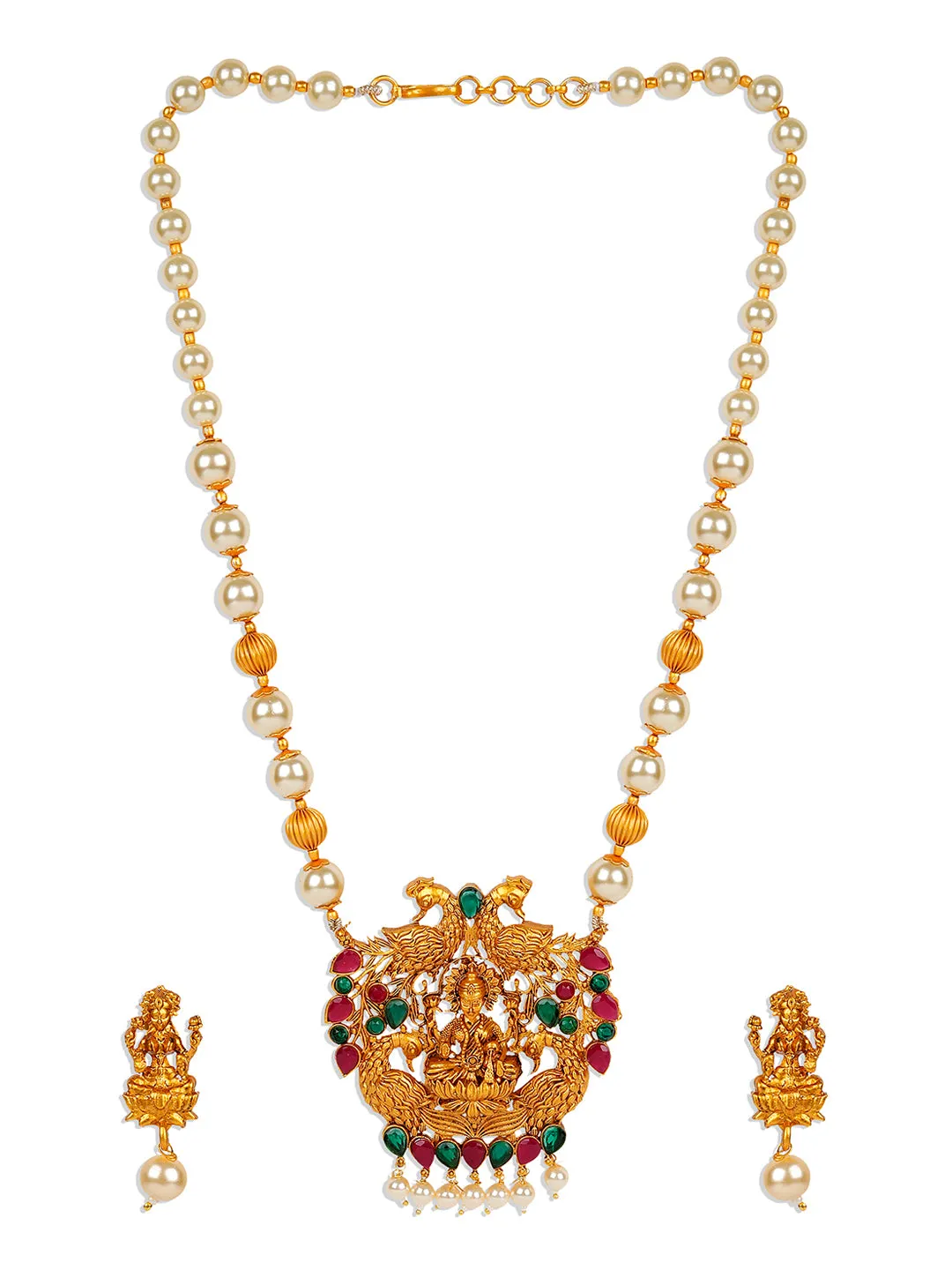 Antique Matte Gold Finish Goddess Laxmi Green Stone Studded Temple Jewellery Set - Anikas Creation