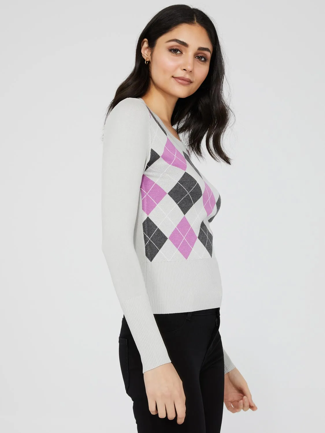 Argyle Long Sleeve Scoop Neck Sweater