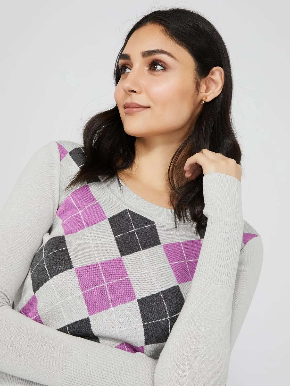 Argyle Long Sleeve Scoop Neck Sweater