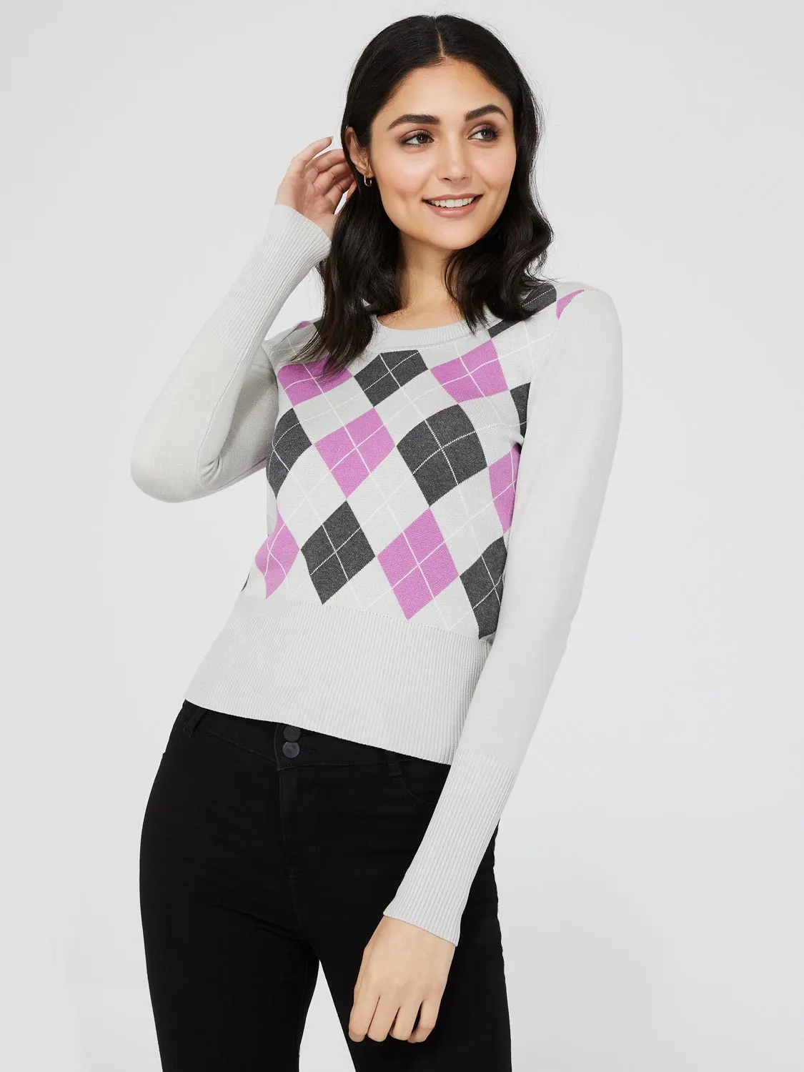 Argyle Long Sleeve Scoop Neck Sweater