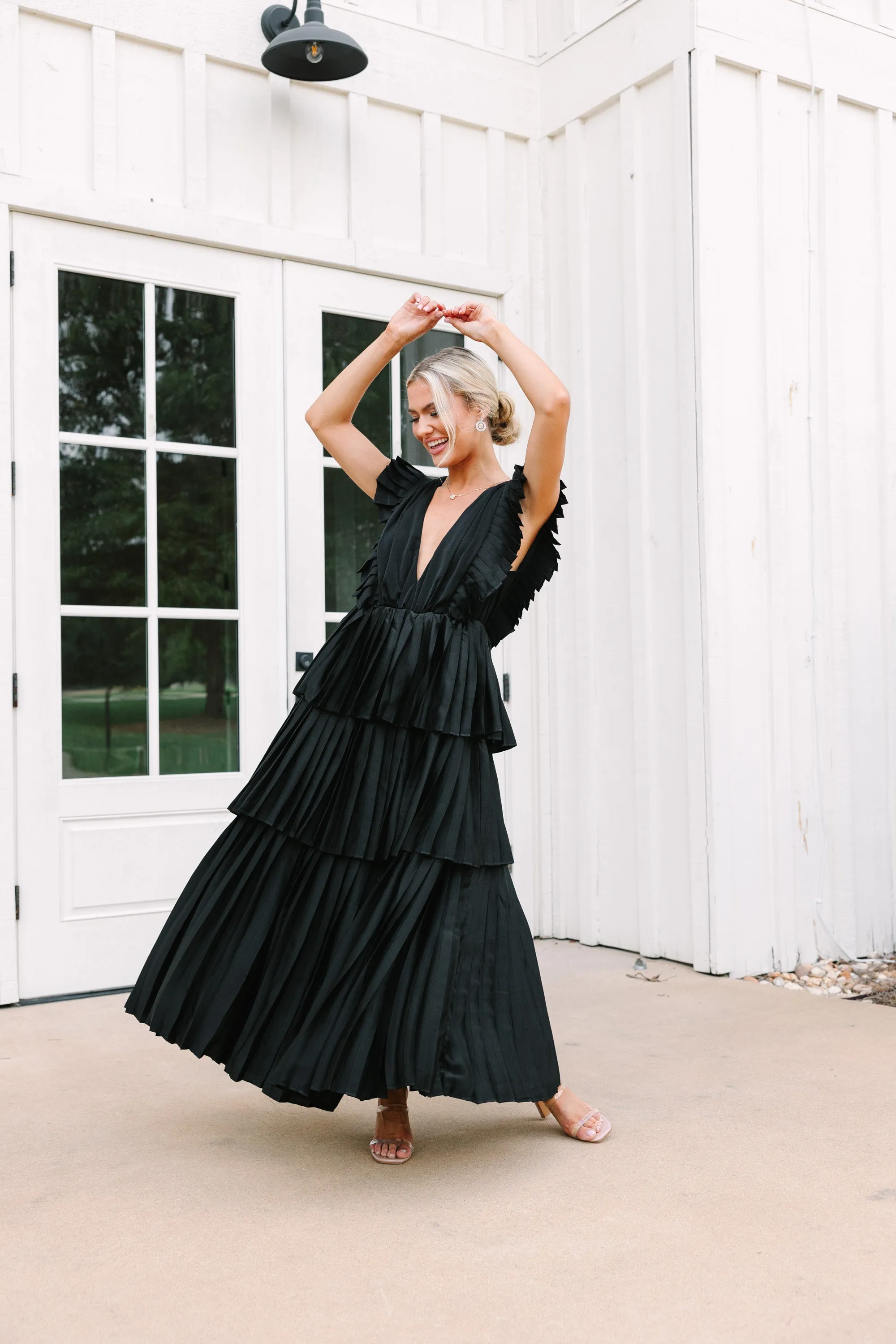 Around The World Black Pleated Maxi Dress