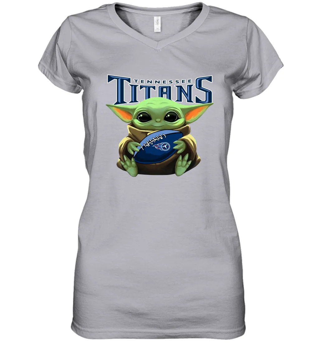 Baby Yoda Loves The Tennessee Titans Star Wars Baby Yoda Hugs Titans NFL Womens V-Neck T-Shirt