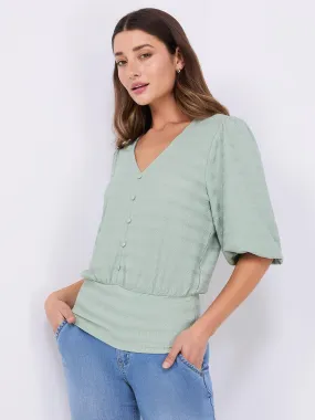 Balloon Sleeve V-Neck Top With Bottom Band