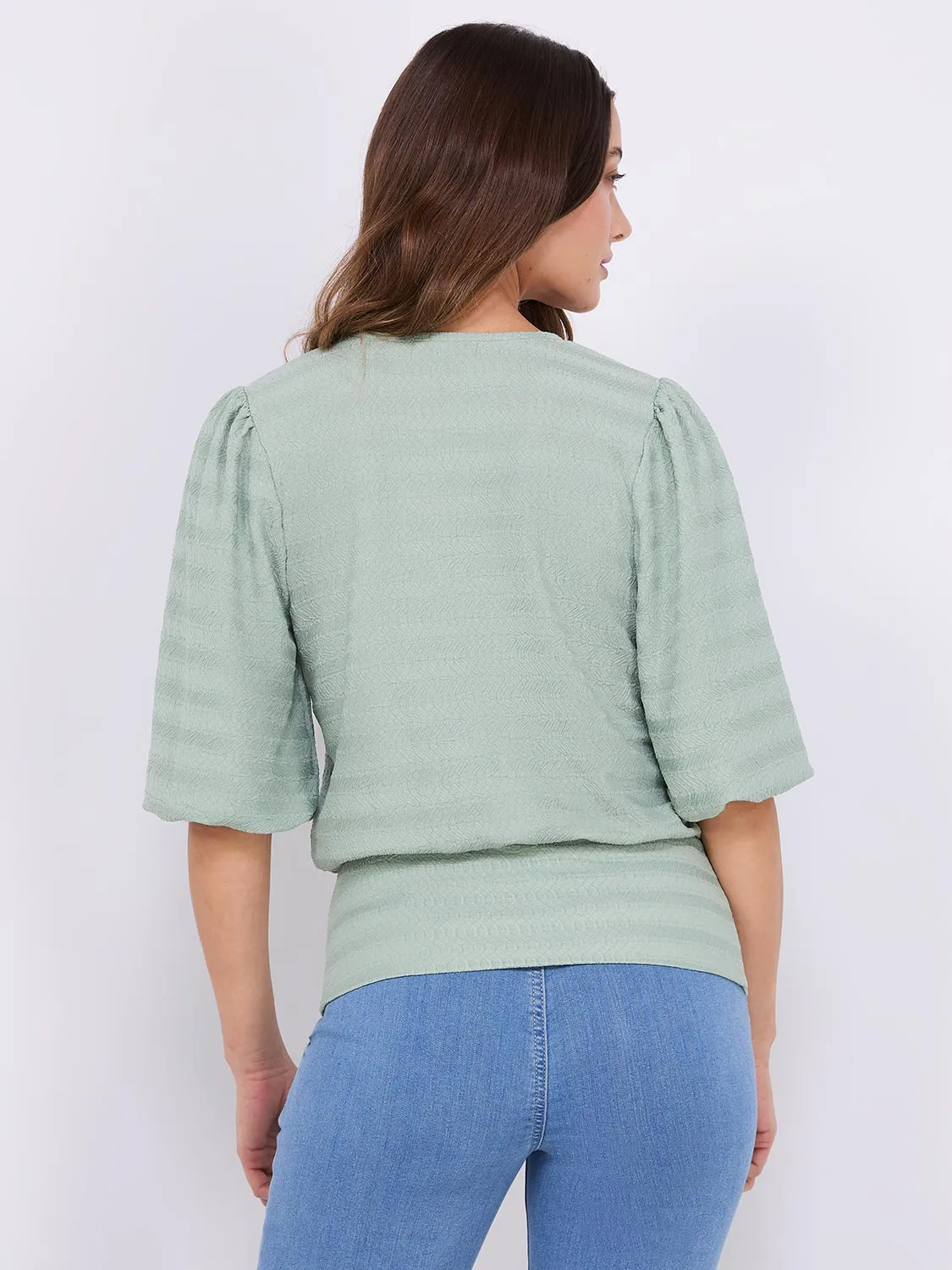 Balloon Sleeve V-Neck Top With Bottom Band