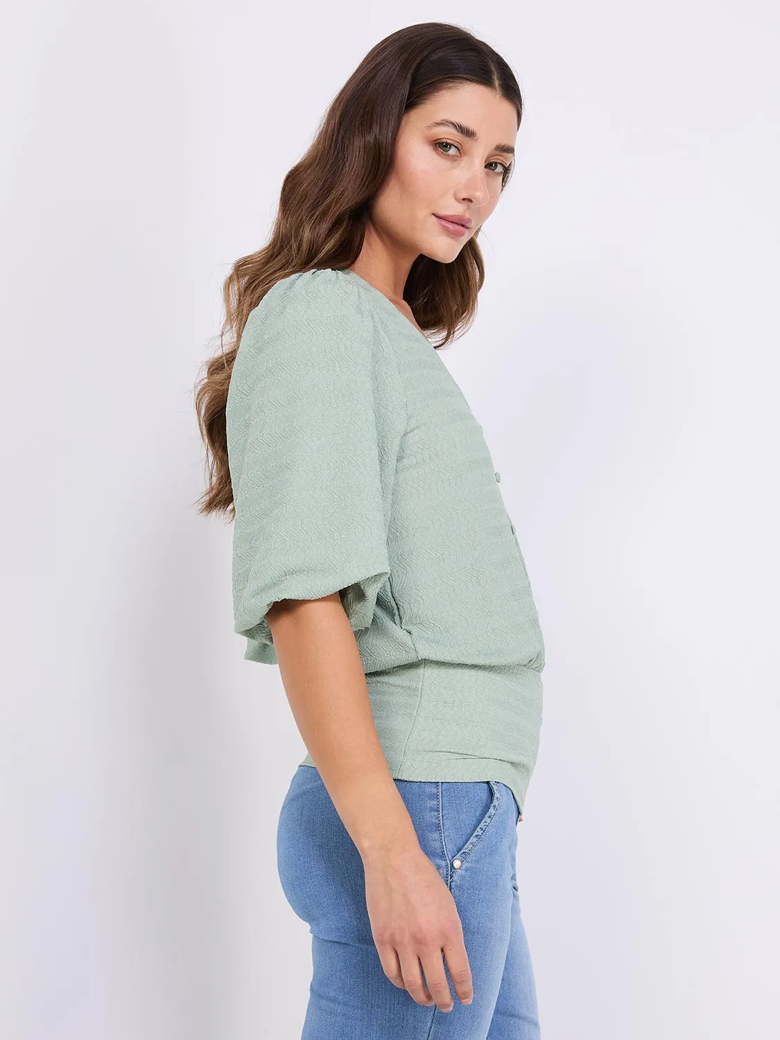 Balloon Sleeve V-Neck Top With Bottom Band