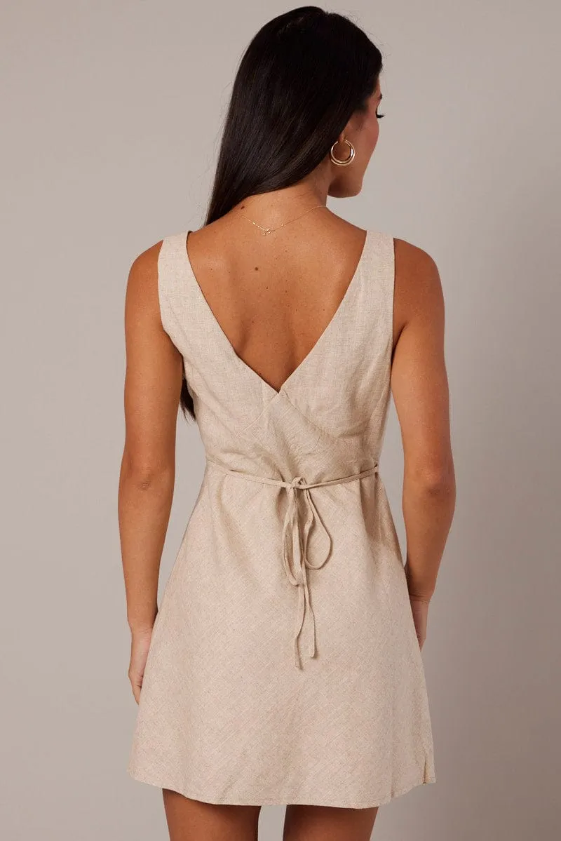 Beige A Line Mini Dress Linen Blend