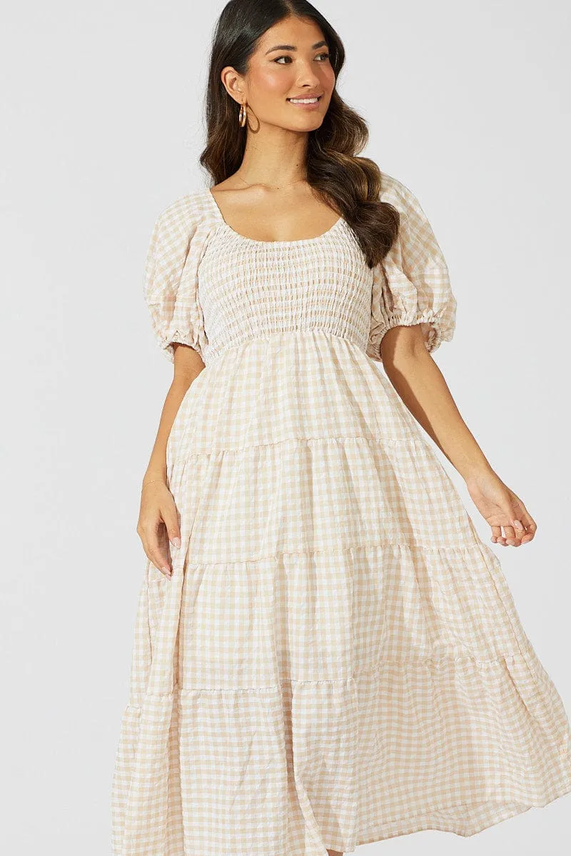 Beige Check Midi Dress Short Sleeve Shirred