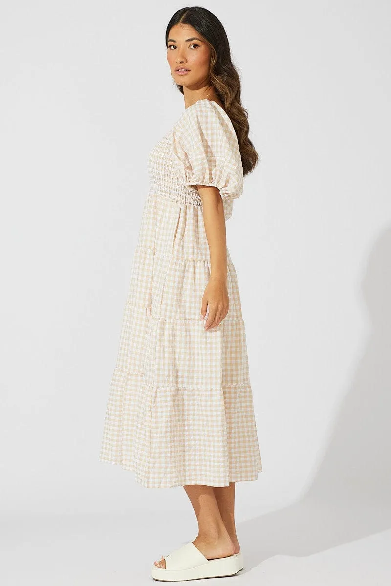 Beige Check Midi Dress Short Sleeve Shirred