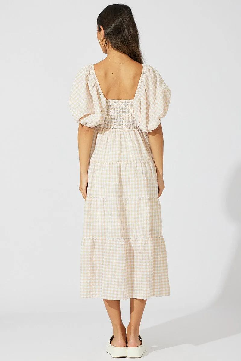 Beige Check Midi Dress Short Sleeve Shirred