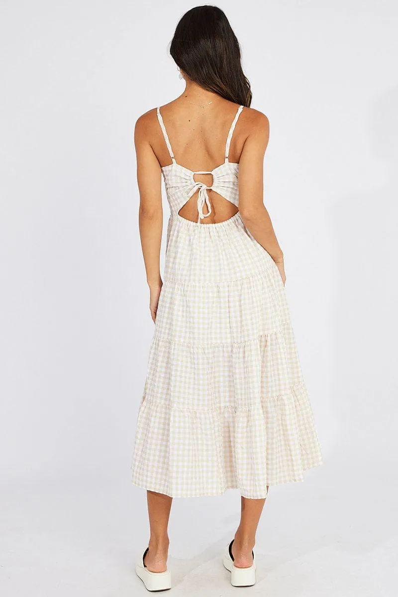 Beige Check Midi Dress Sleeveless Tie Back