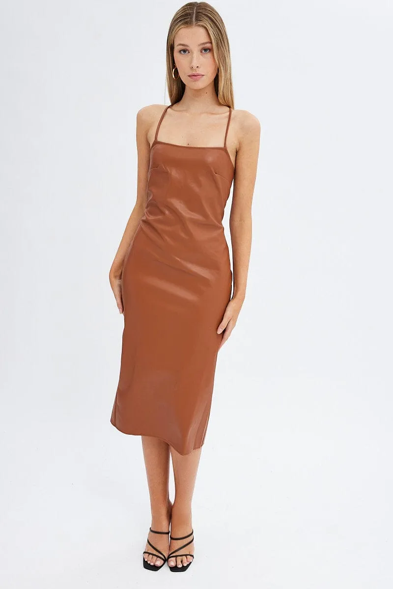 Beige Faux Leather Dress Sleeveless Scoop Neck Midi