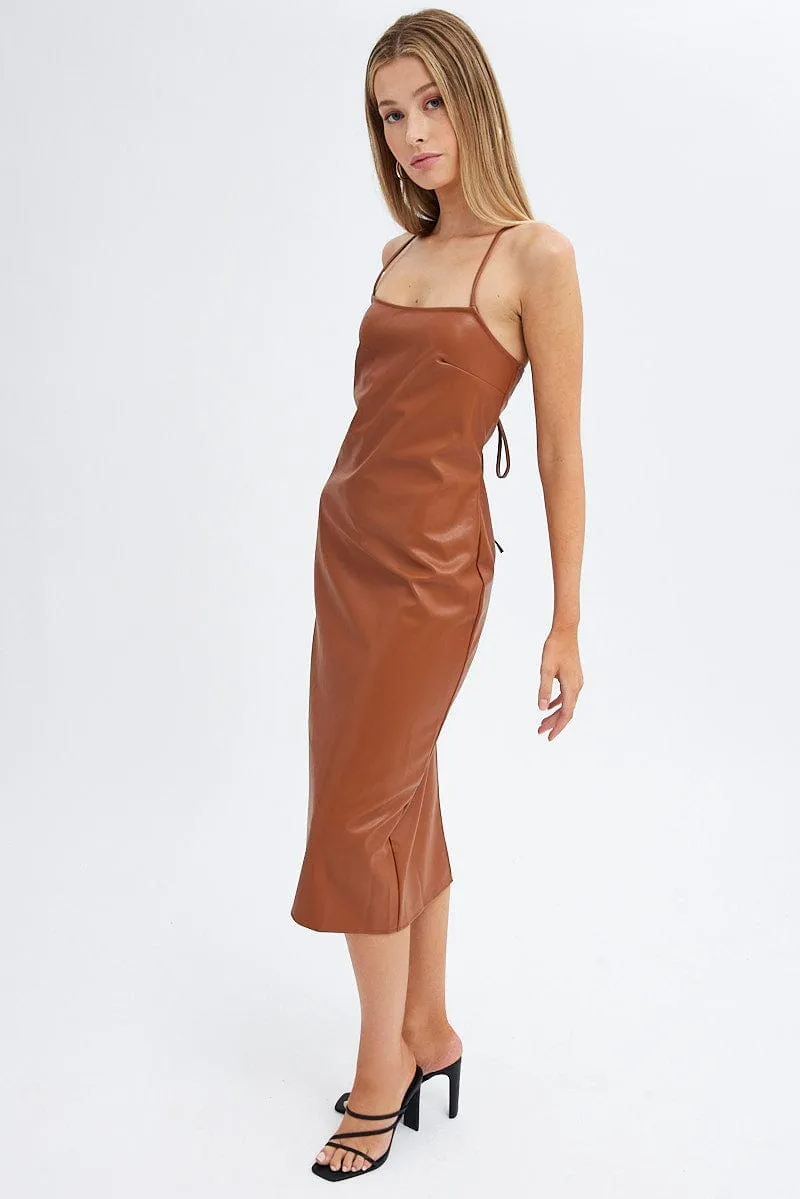 Beige Faux Leather Dress Sleeveless Scoop Neck Midi