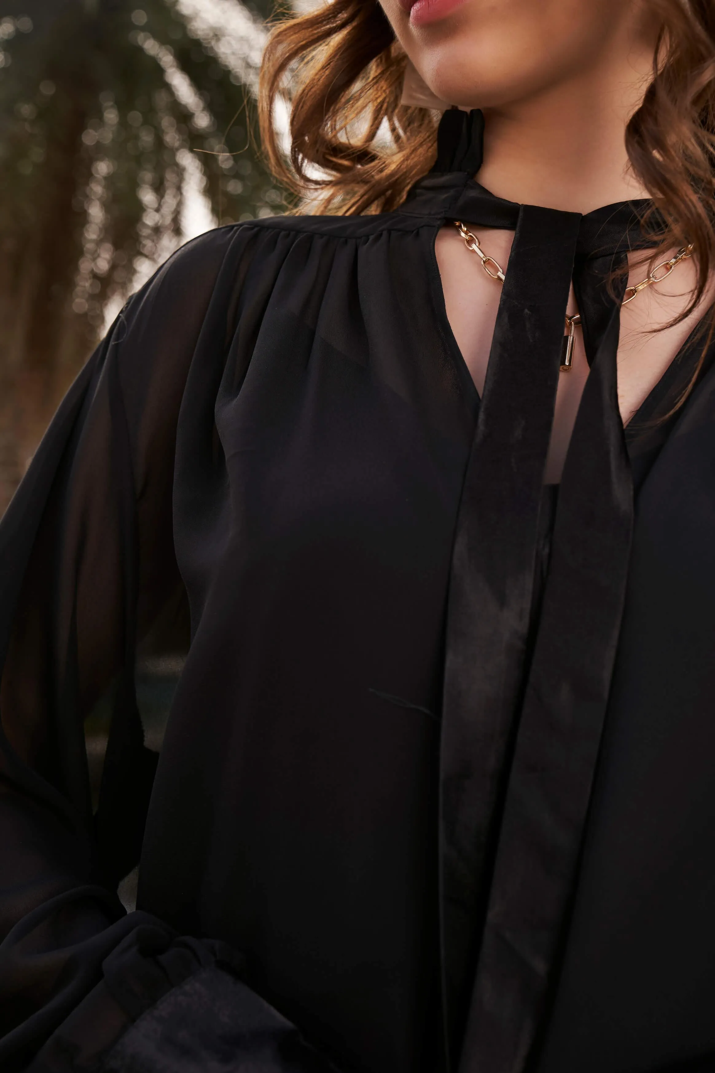 Black Frill Neck Cuff Sleeve Top