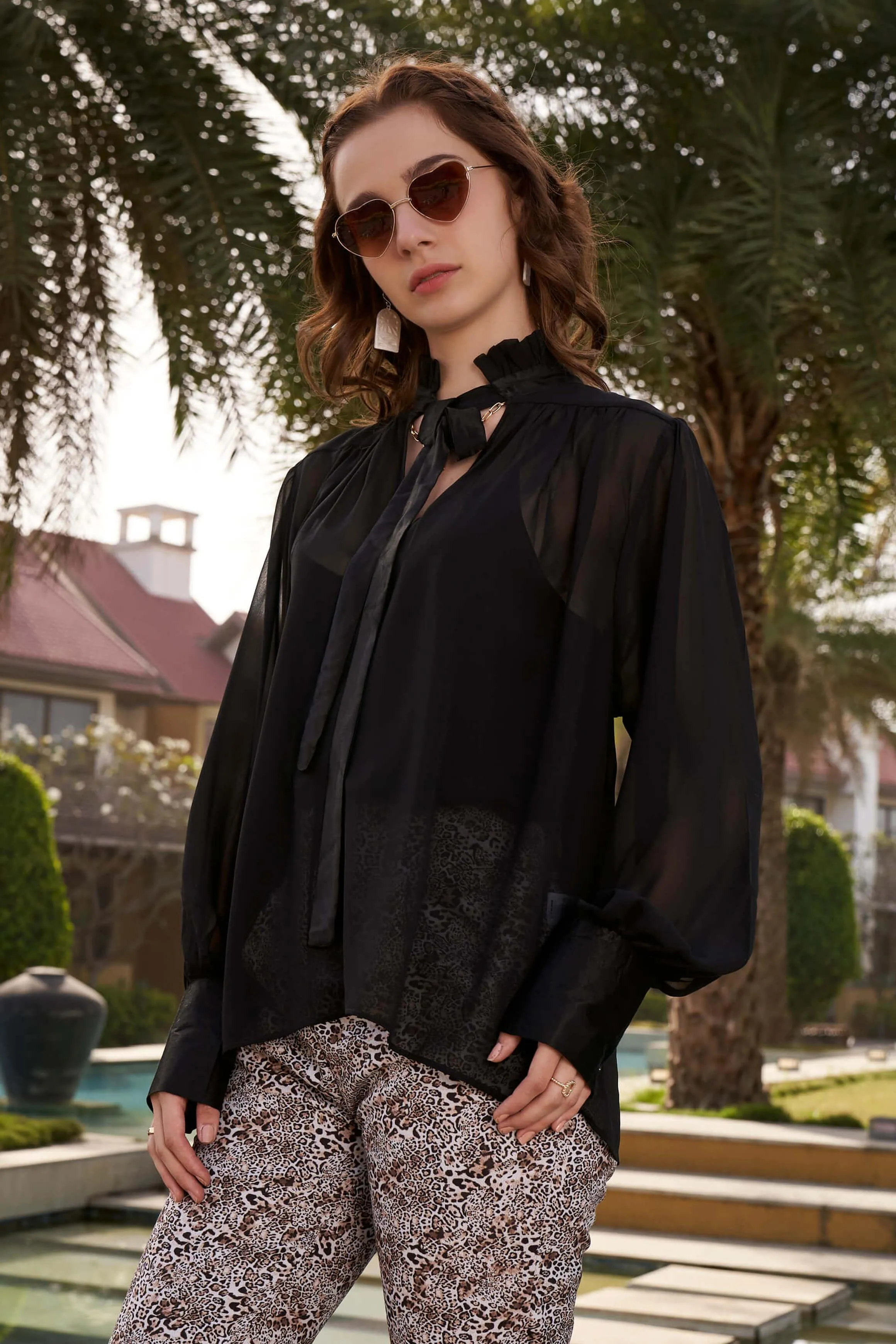 Black Frill Neck Cuff Sleeve Top