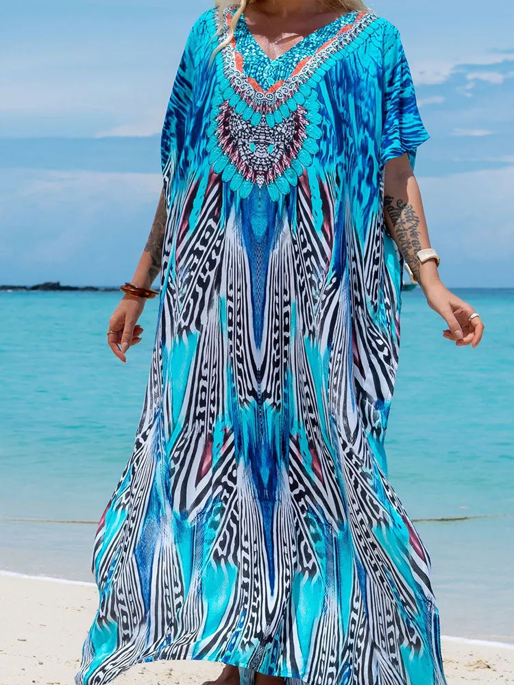 Bohemian Seaside Plus Size Print Kaftan Maxi Dress V Neck Slit Loose Robe Women 2023