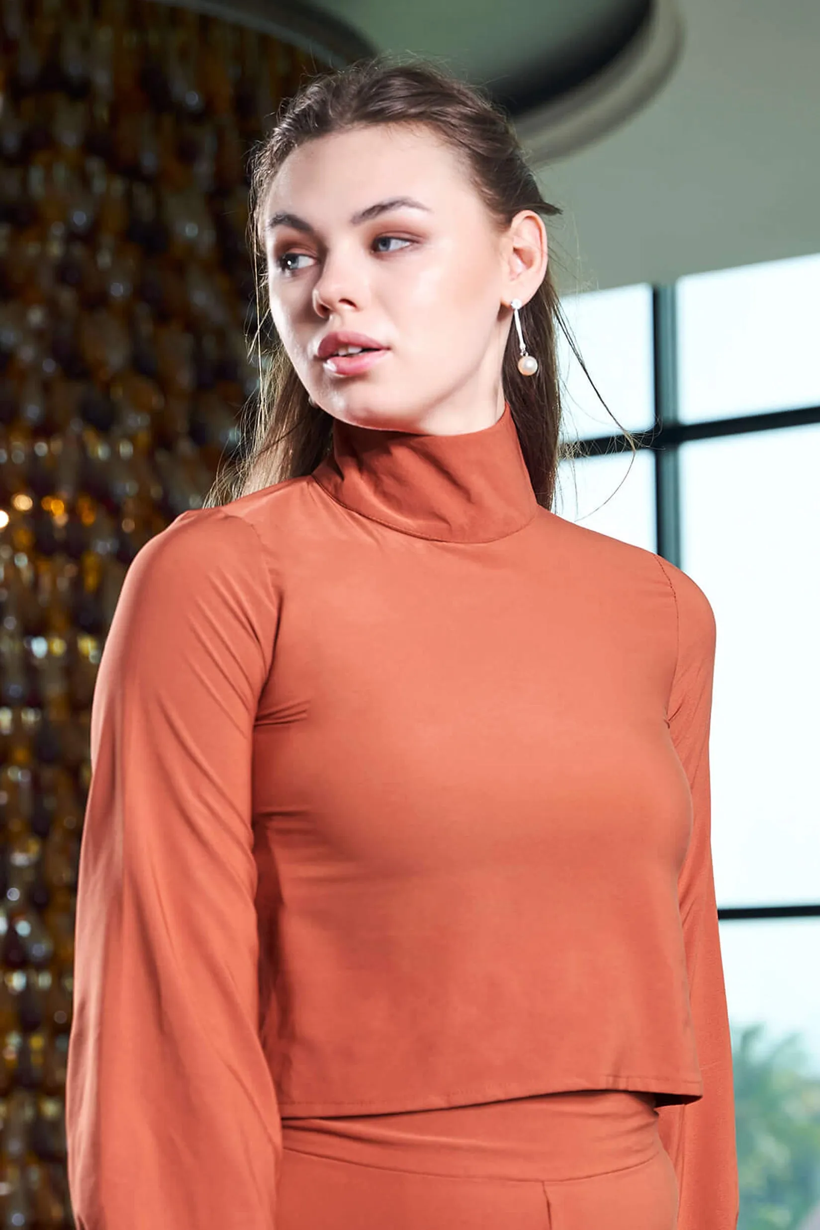 Brown High Neck Cuff Sleeve Top