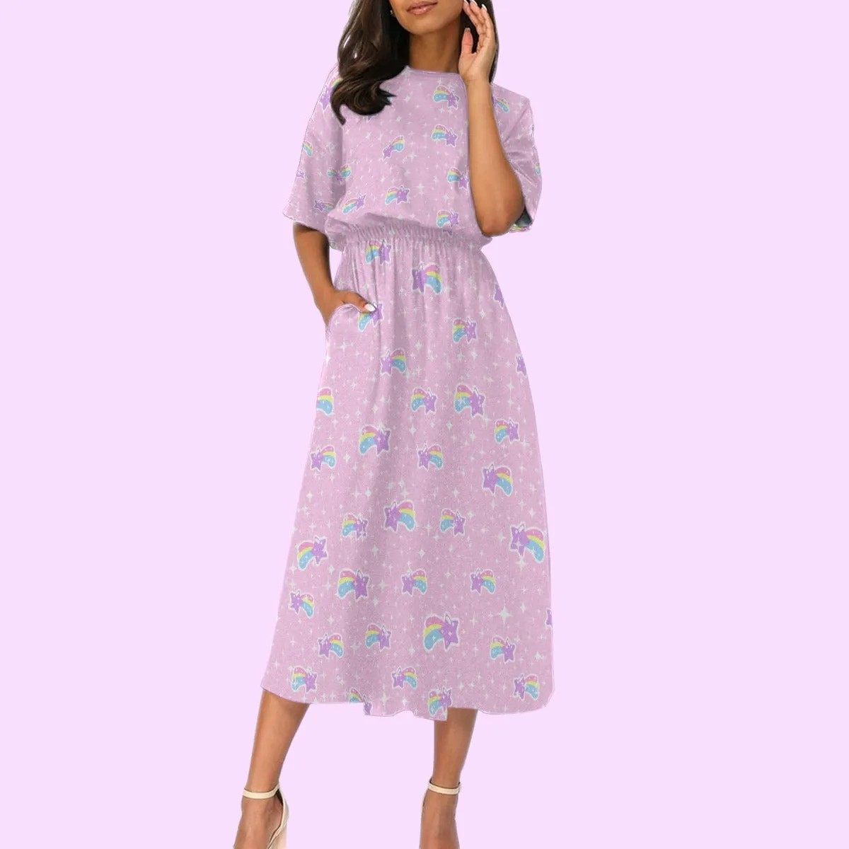 Bubblegum Bunny Shooting Stars Women's Elastic Waist Midi Dress