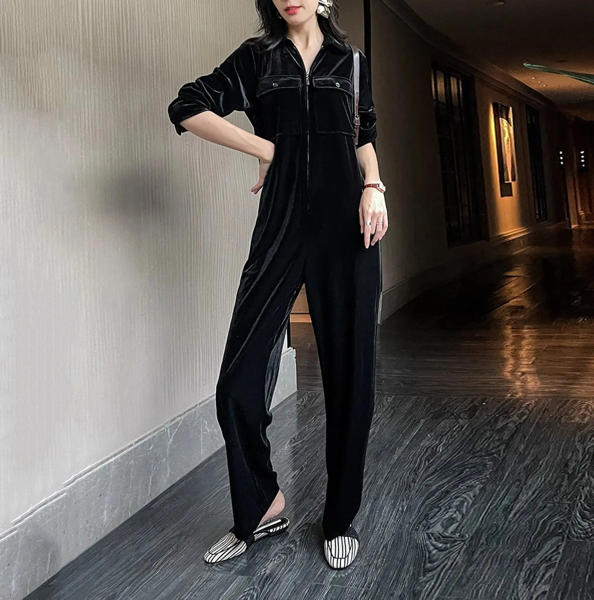 Women Black Velvet loose jumpsuit,Long Sleeves Romper,Shirt Straight Pants Jumpsuit,Jumpsuit women formal,Corset Top Wide Leg Pants Overalls