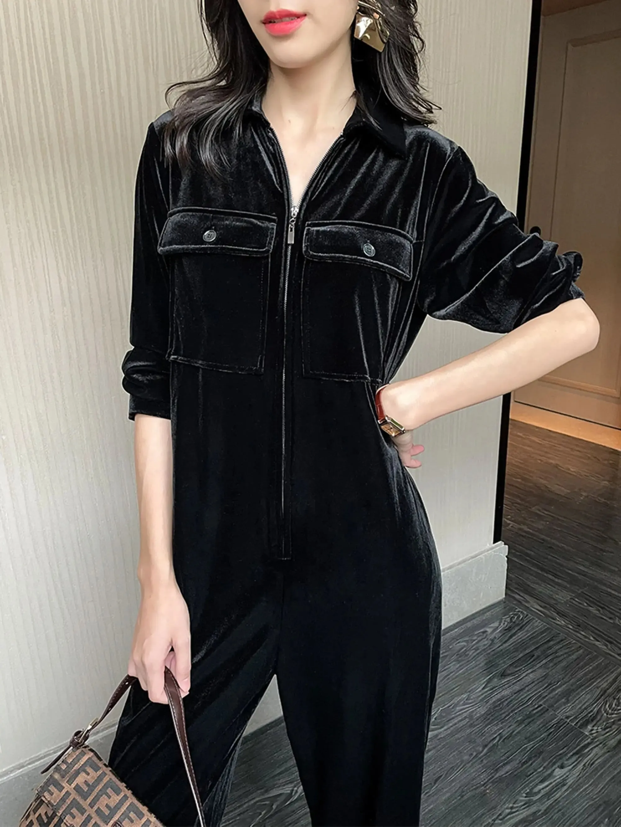 Women Black Velvet loose jumpsuit,Long Sleeves Romper,Shirt Straight Pants Jumpsuit,Jumpsuit women formal,Corset Top Wide Leg Pants Overalls