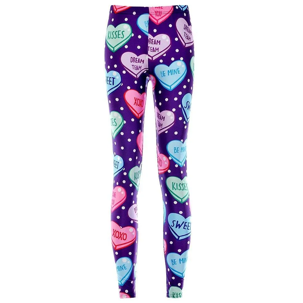 Candy Hearts Sweethearts Print Polka Dot Legging Pants for Women in Purple