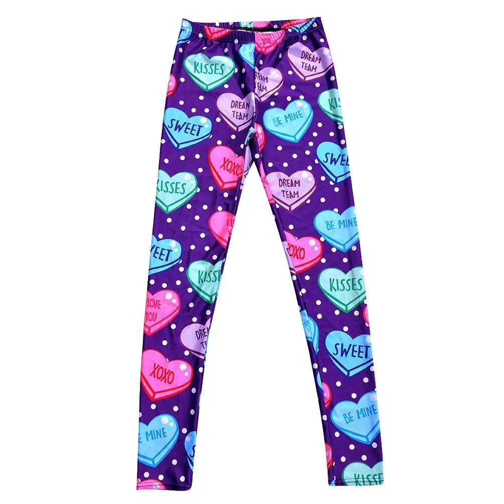 Candy Hearts Sweethearts Print Polka Dot Legging Pants for Women in Purple