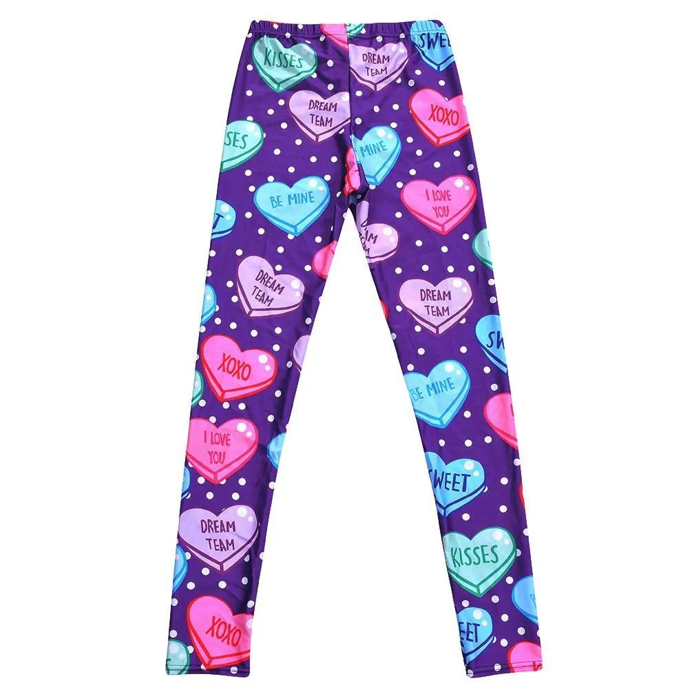 Candy Hearts Sweethearts Print Polka Dot Legging Pants for Women in Purple