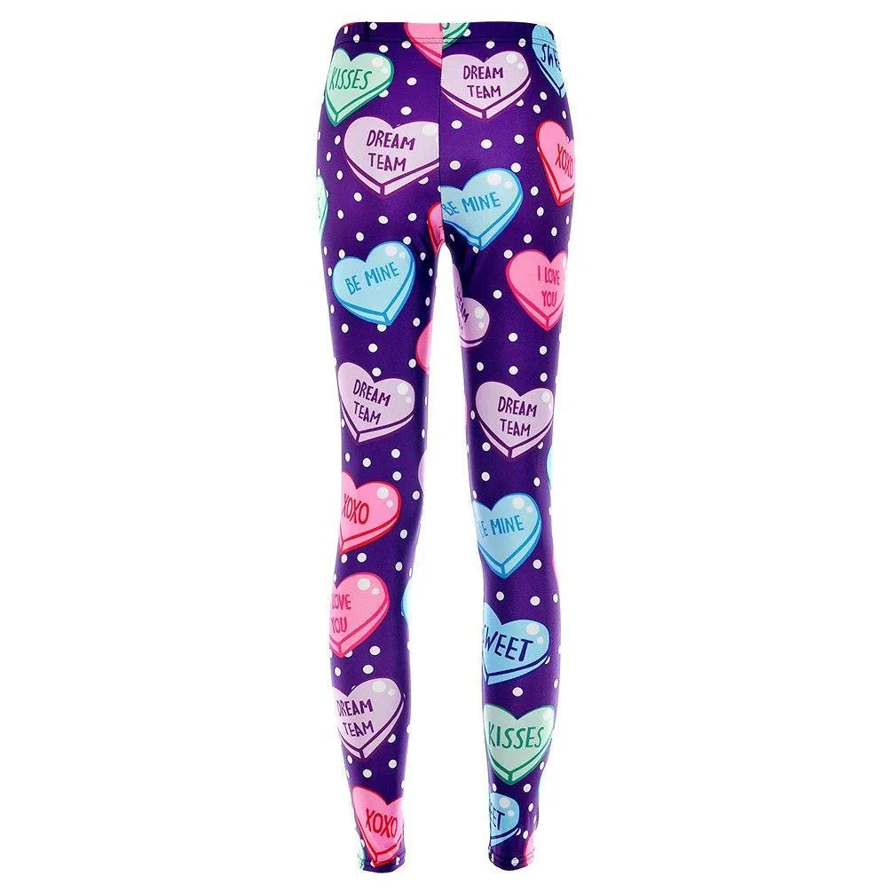 Candy Hearts Sweethearts Print Polka Dot Legging Pants for Women in Purple