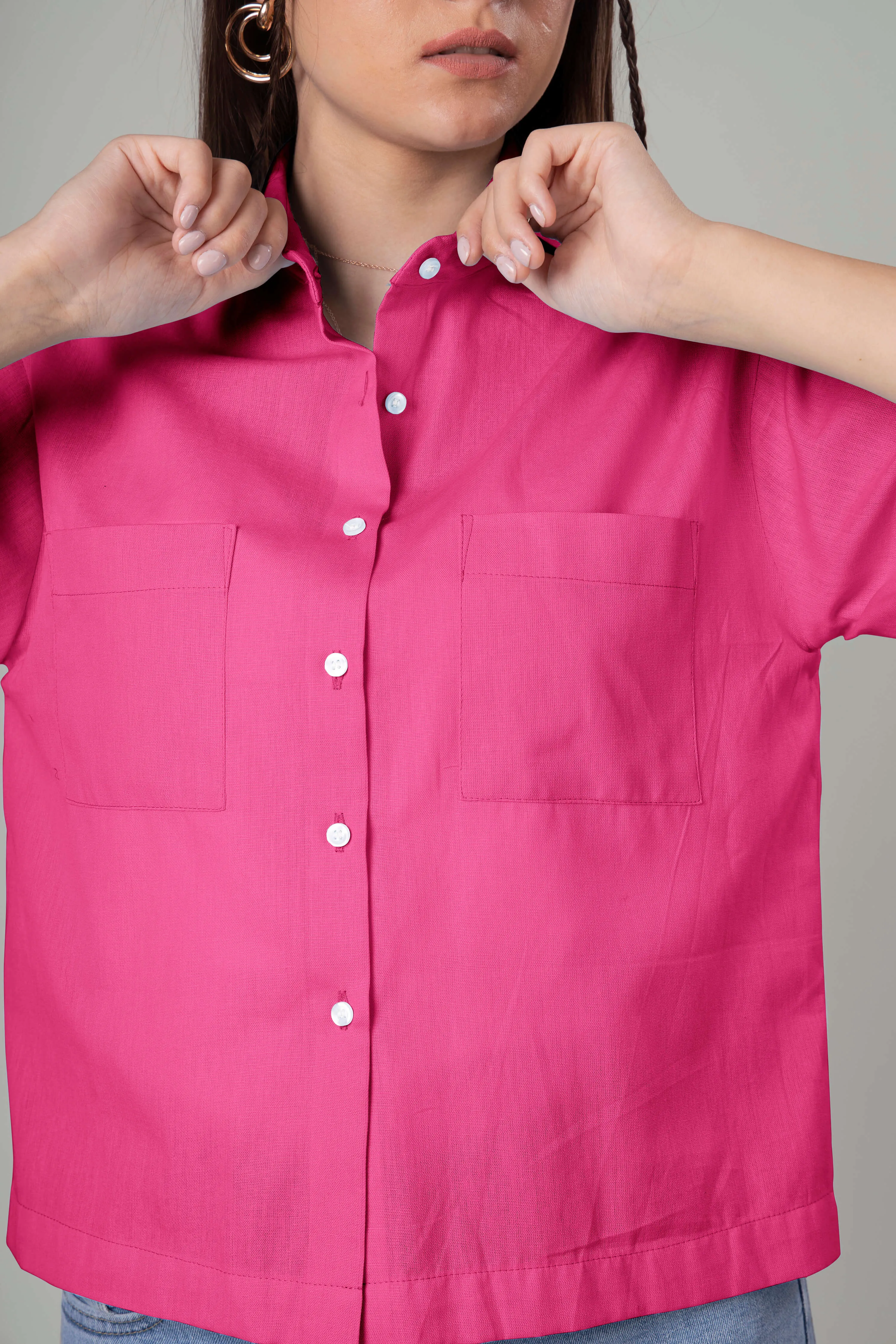 Classic Plain Short Cotton Shirt For Women