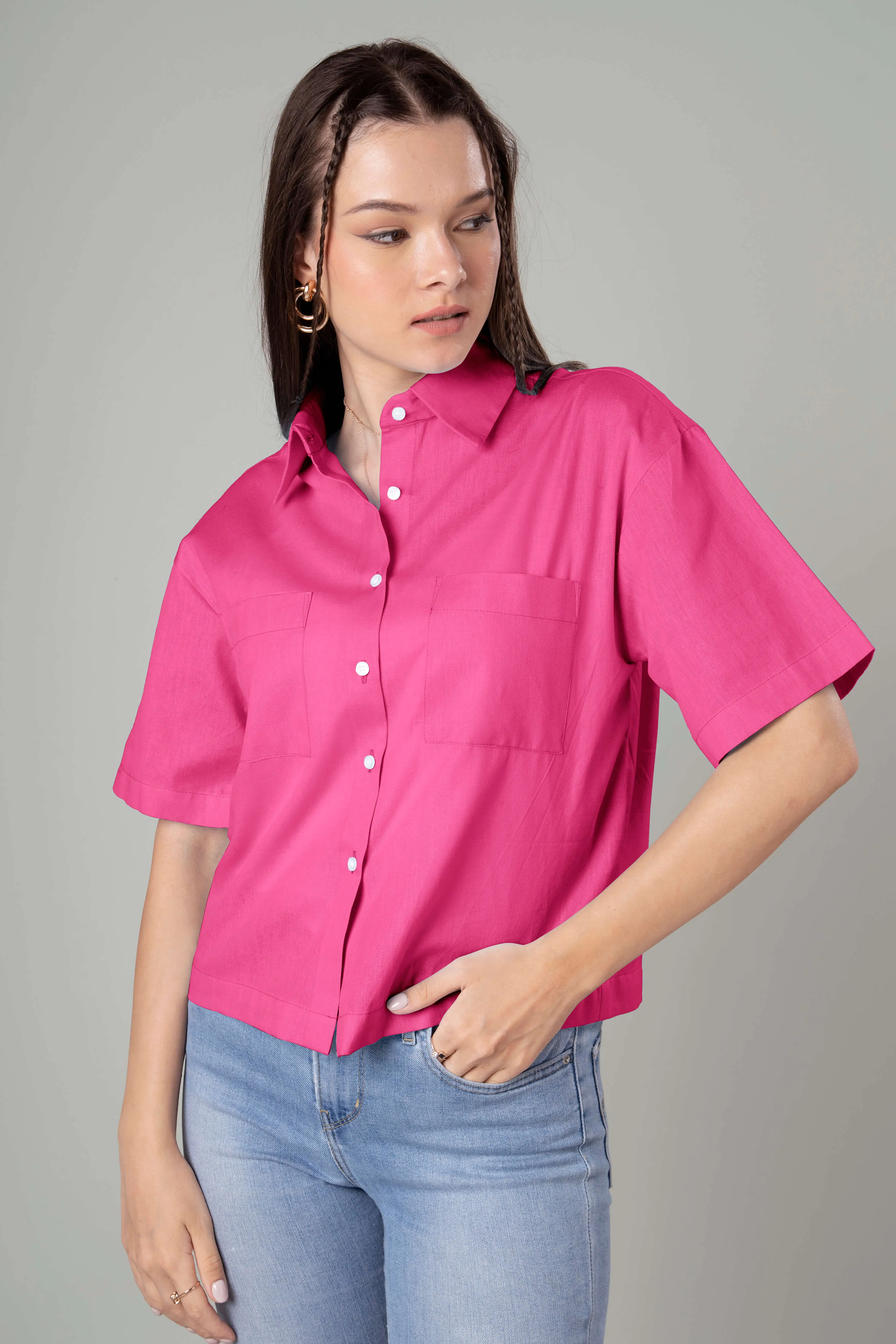 Classic Plain Short Cotton Shirt For Women