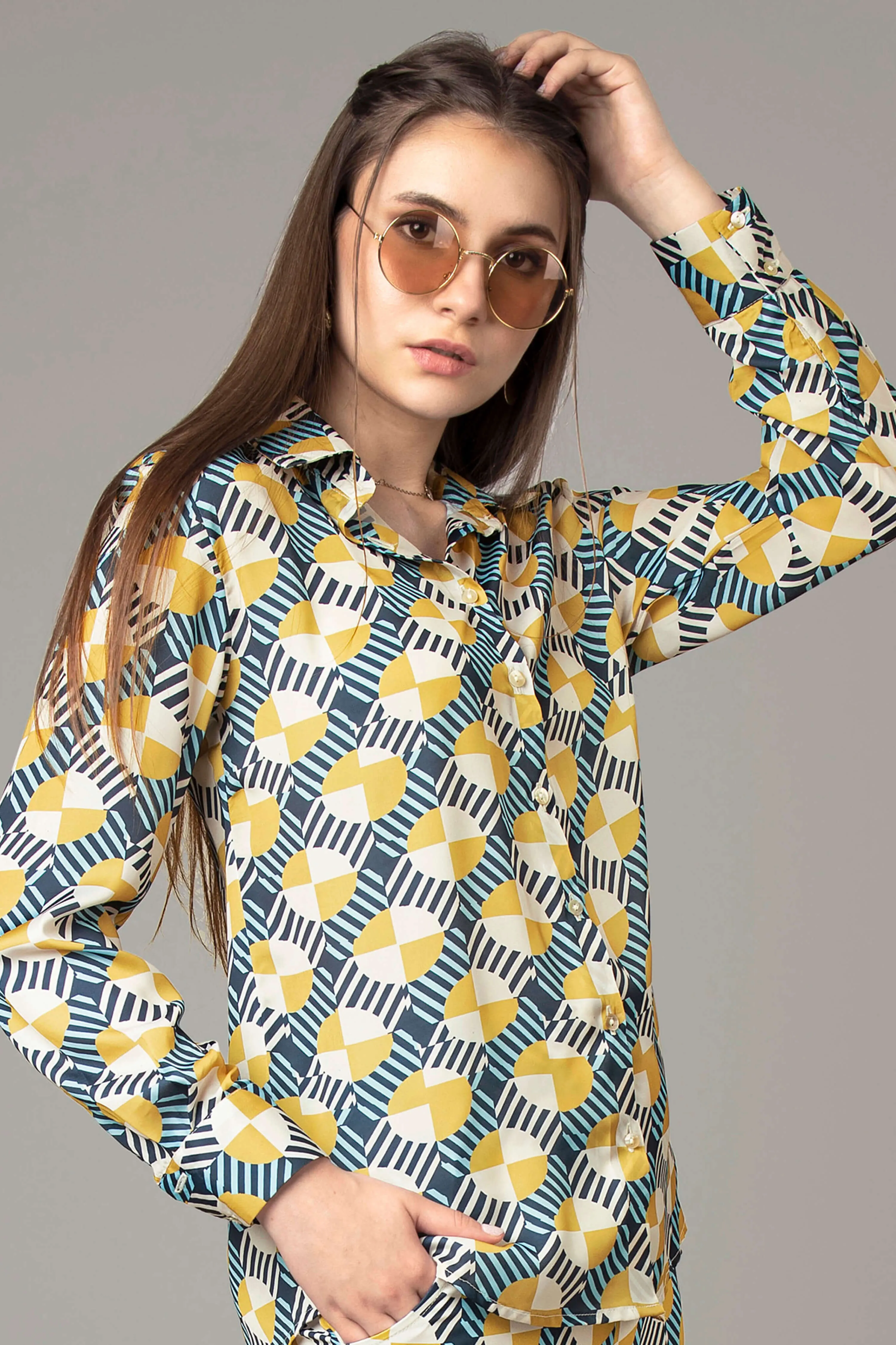 Classy Geometric Spread Collar Shirt For Women