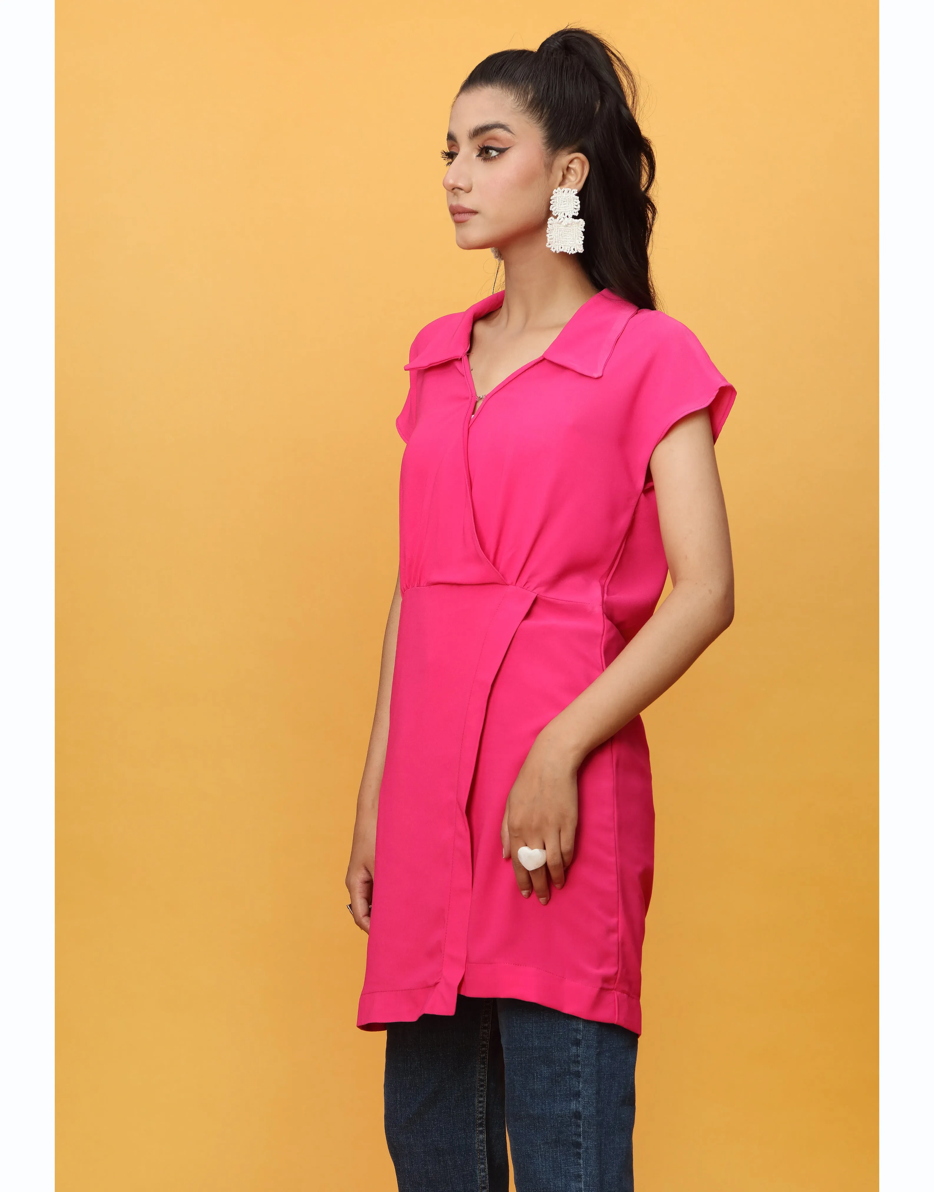 Collar Neck Long Top in Hot Pink