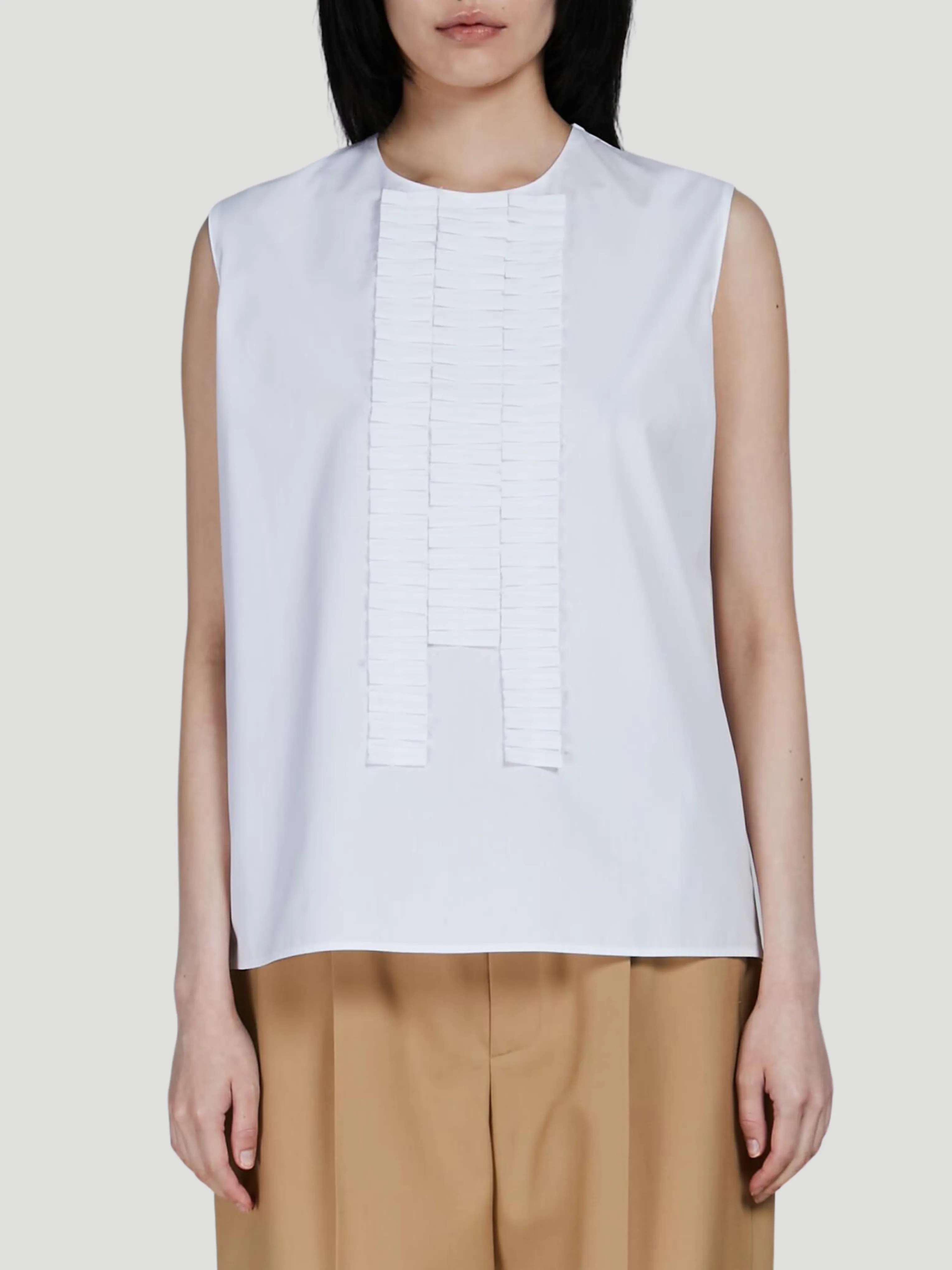 Cotton Poplin Sleeveless Pleated-Front Top