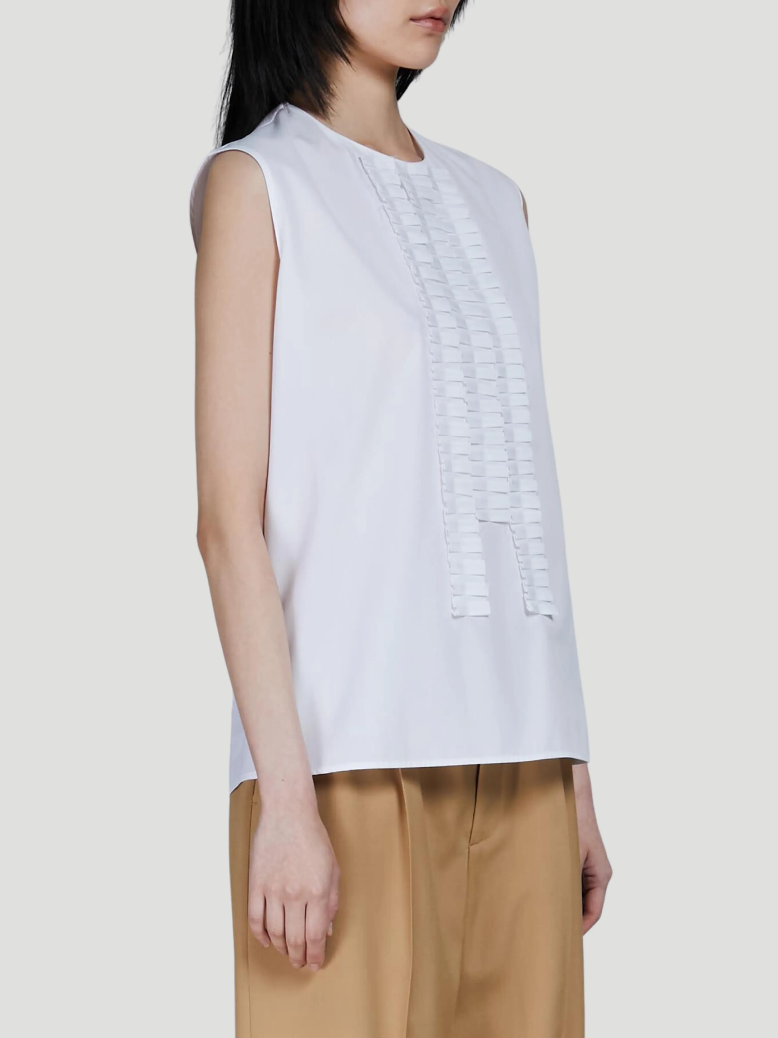 Cotton Poplin Sleeveless Pleated-Front Top