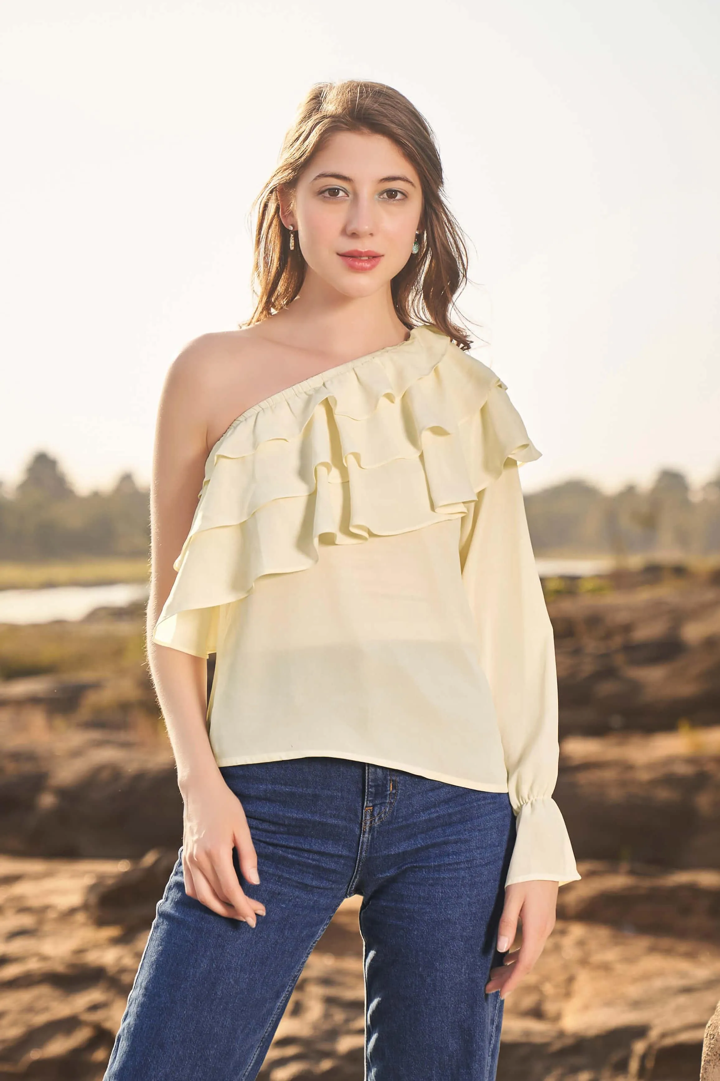 Cream Layered One Shoulder Top