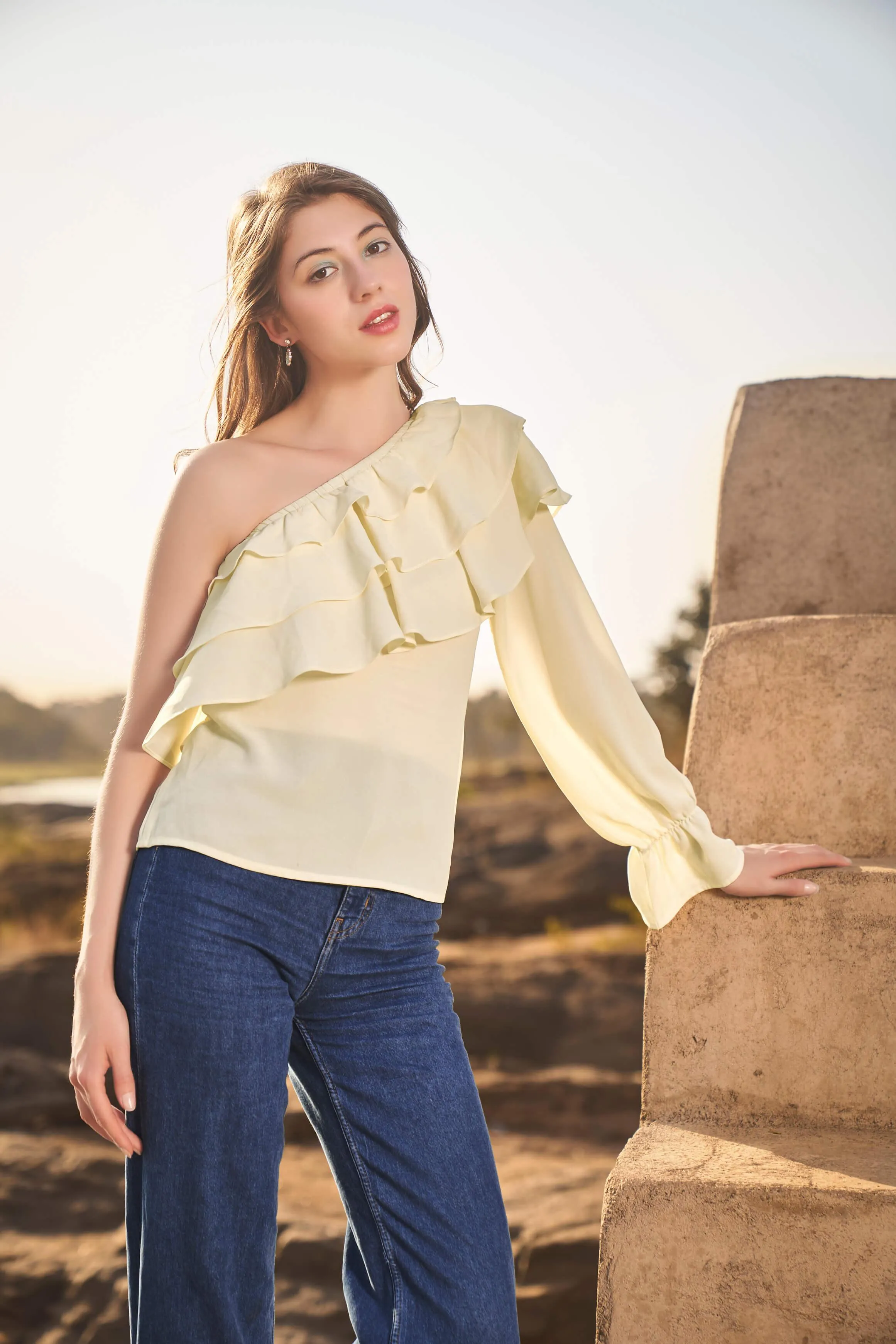 Cream Layered One Shoulder Top