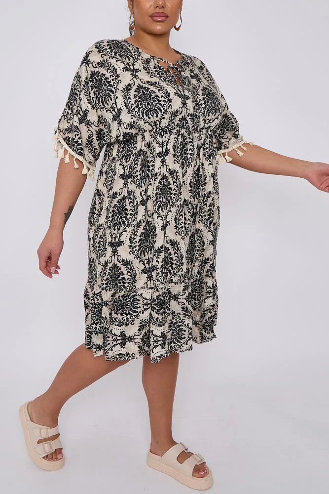 Damask Print Tassel Lace Sleeve Hem Dress