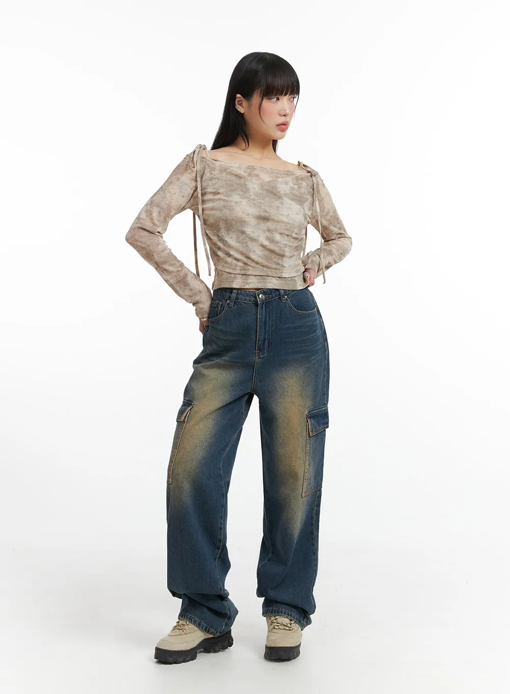 Denim High Waist Wide Leg Pocket Cargo Jeans IJ411