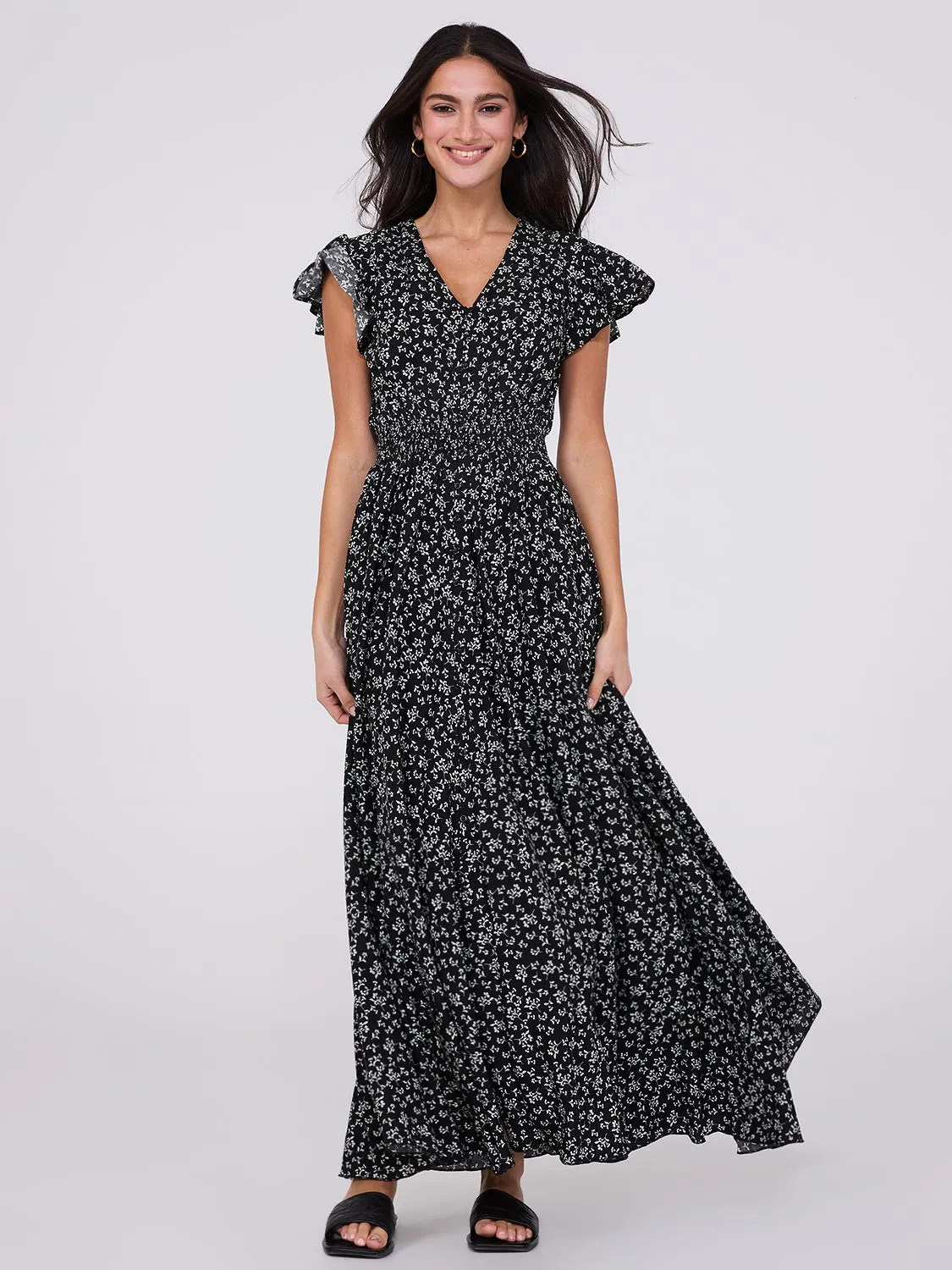 Ditsy Floral Print Flutter Sleeve Maxi Dress