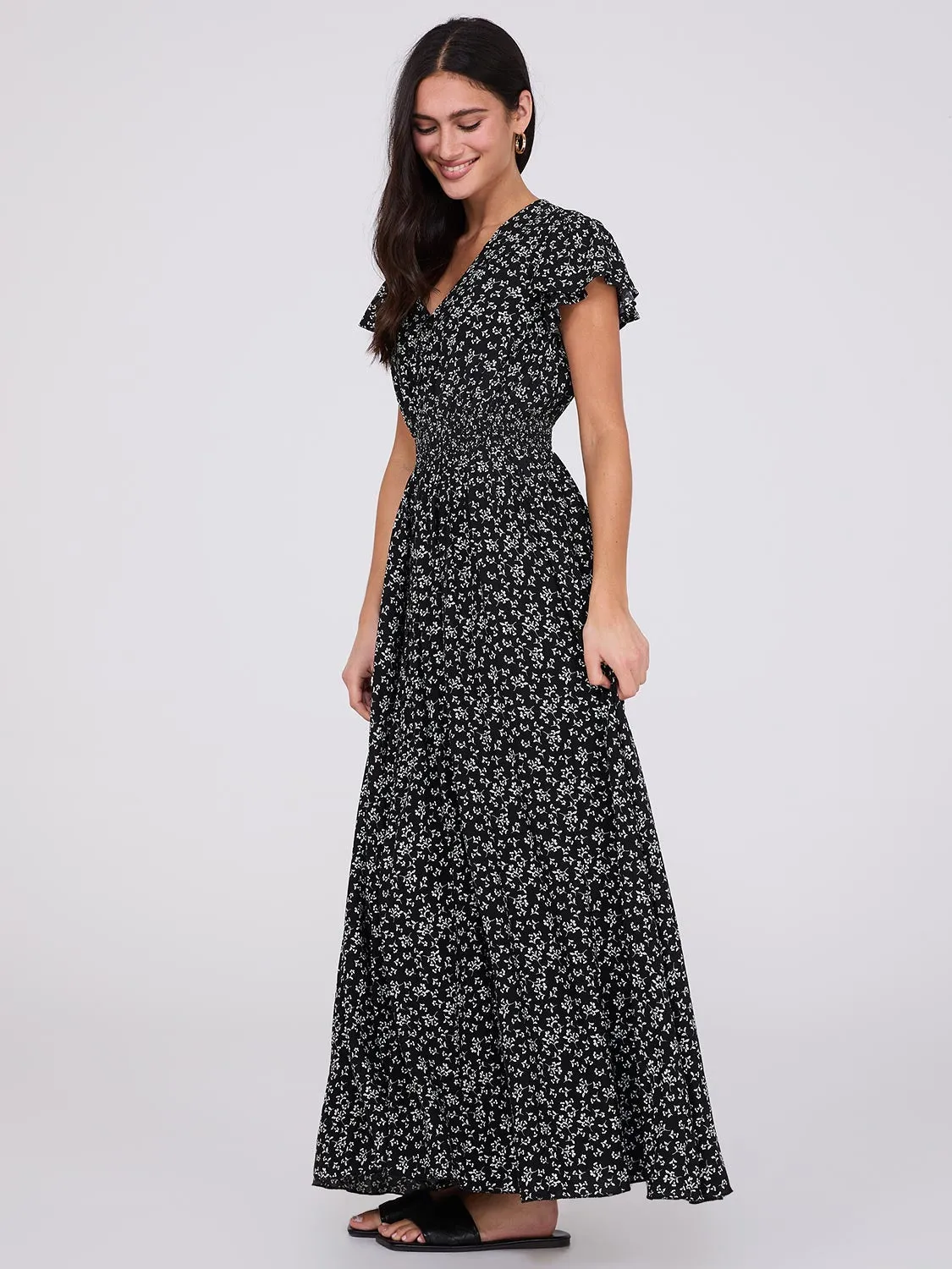 Ditsy Floral Print Flutter Sleeve Maxi Dress