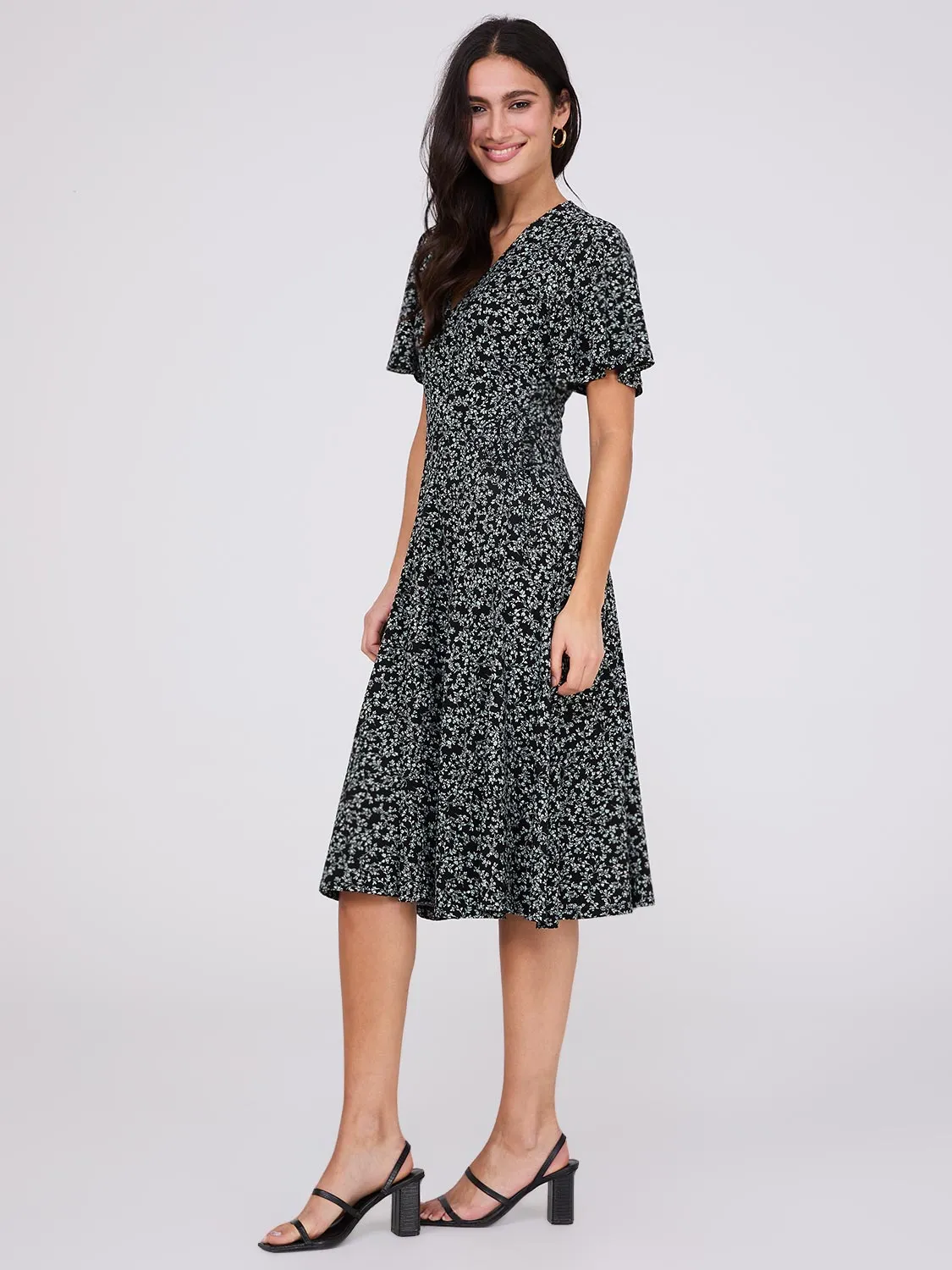 Ditsy Floral Print Midi Wrap Dress