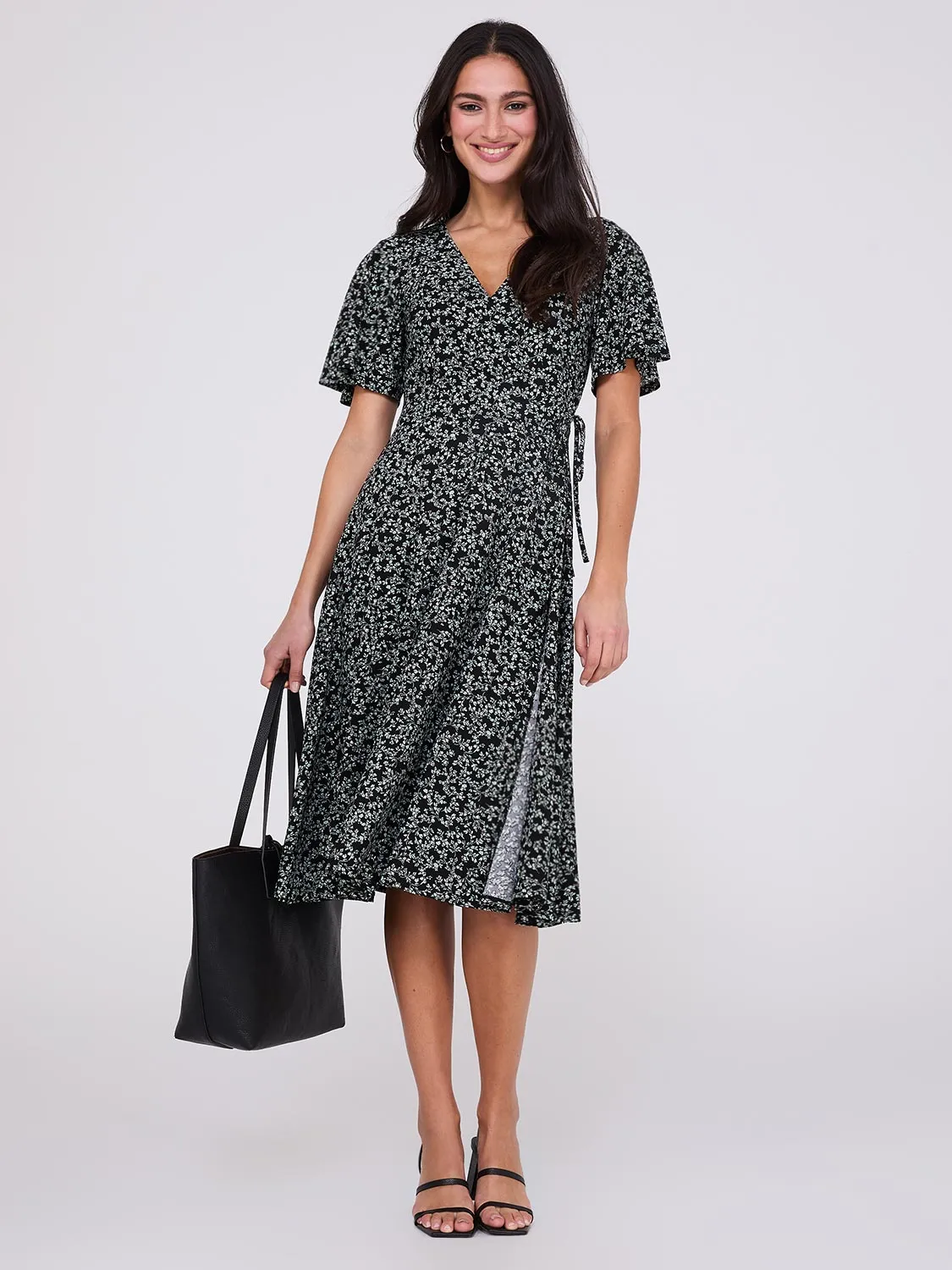 Ditsy Floral Print Midi Wrap Dress