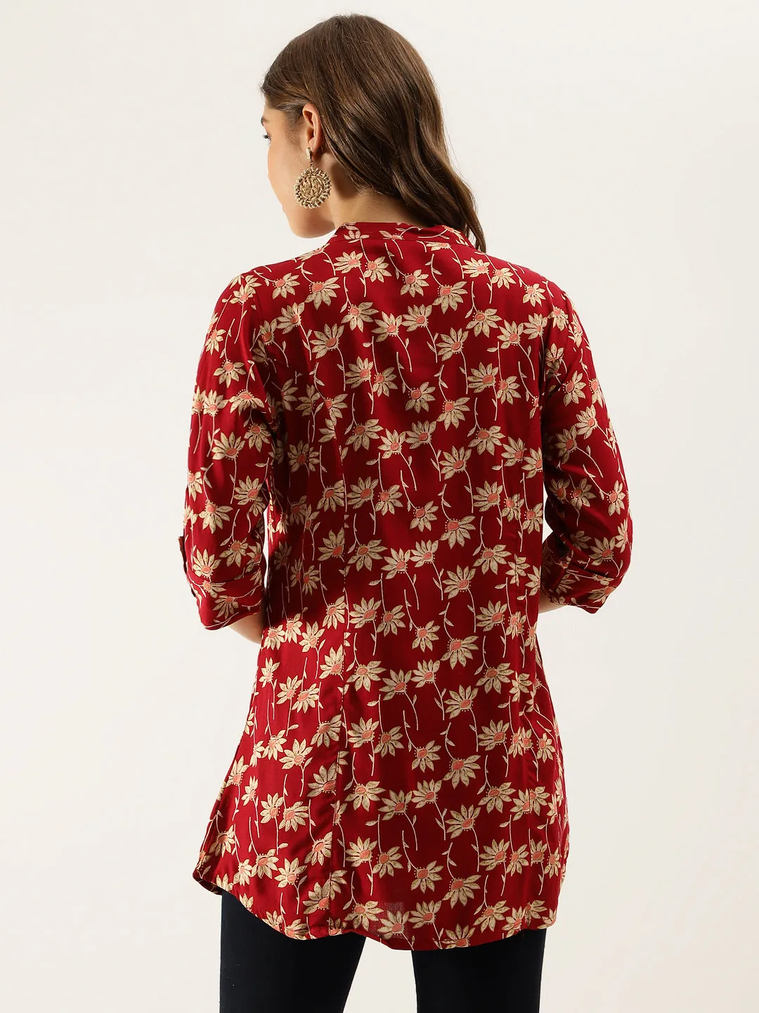 Divena Maroon Floral Printed Rayon Shirt type Top for Women