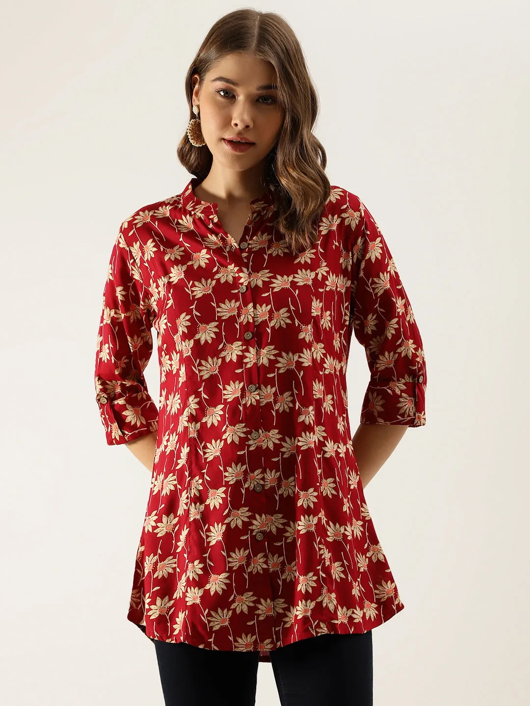 Divena Maroon Floral Printed Rayon Shirt type Top for Women