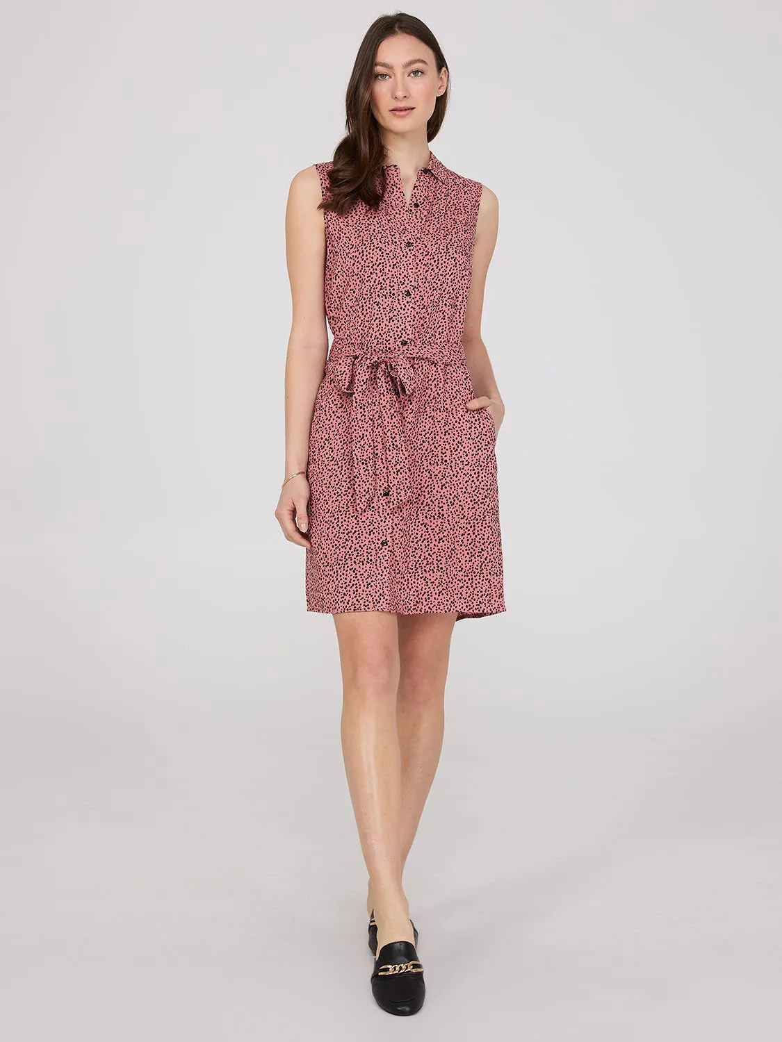 Dot Print Button-Front Mini Shirt Dress