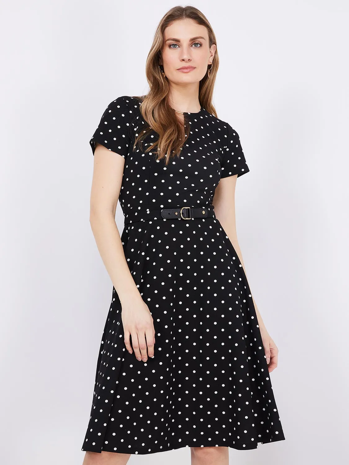 Dot Print Front Keyhole Fit & Flare Midi Dress