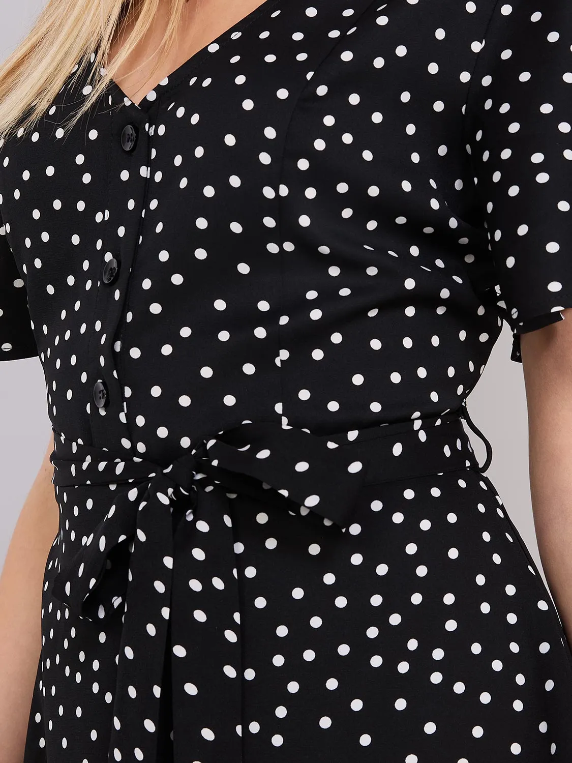 Dot Print V-Neck Fit & Flare Dress