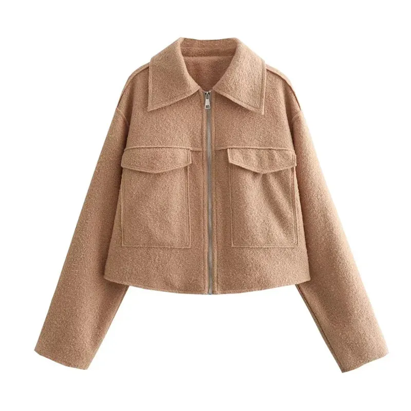 Fashionkova 2024 Autumn Woman Casual Gray Loose Woolen Jacket Female Fashion Solid Turn Down Collar Jackets Girls Warm Zipper Outwear